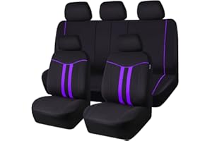 CAR-GRAND Piping Cloth Car Seat Covers Full Set, Breathable Universal Car Seat Cover, Airbag Compatible Seat Cover for Cars Trucks SUV Van Sedan (Black-Purple Strips)