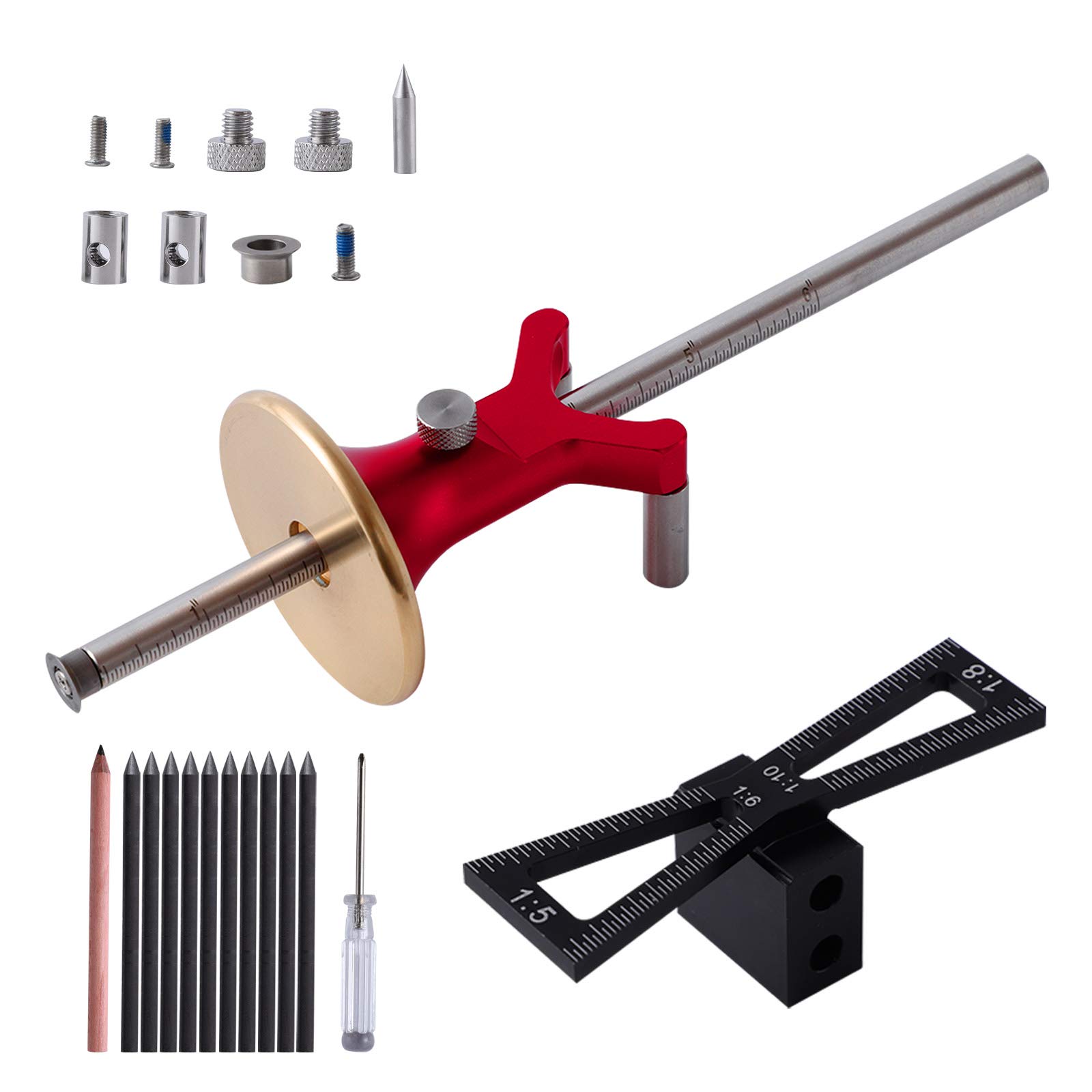 YOSELIN Dovetail Jig Wheel Marking Gauge Wood Scribe Set Includes 1 Bearing Wheel Cutter for Soft Wood,1 Locked Wheel Cutter for Hard Wood,1 Metal Marking Pen,10 Marking Pencils,1 Woodworking Pencil