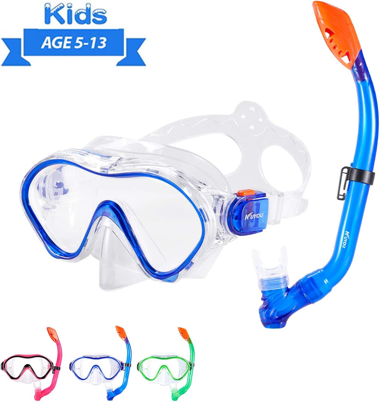 KUYOU Snorkel Set for Kids,Dry Top Snorkel Mask - Anti-Fog and Anti-Leak Easy Adjustable Snorkeling Gear for Children, Boys & Girls,Juniors Freediving Gear Set Age 5.