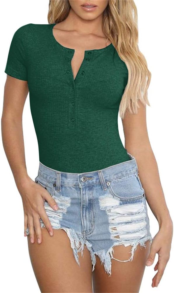 PALINDA Women's Short Sleeve Basic Button Down Knitted Ribbed Stretchy Bodysuits Leotard