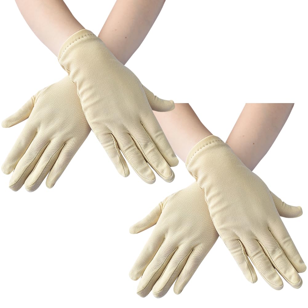 FSSTUD 2 Pairs Short Costume Wrist Gloves Stretchy Satin Gloves Halloween Cosplay Gloves Wedding Bridal Gloves Banquet Party Gloves Fancy Opera Gloves Nude