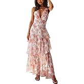 Women's Floral Maxi Dress Sexy Deep V Neck Backless Ruffles Dresses Beach Party Wedding Guest Dress