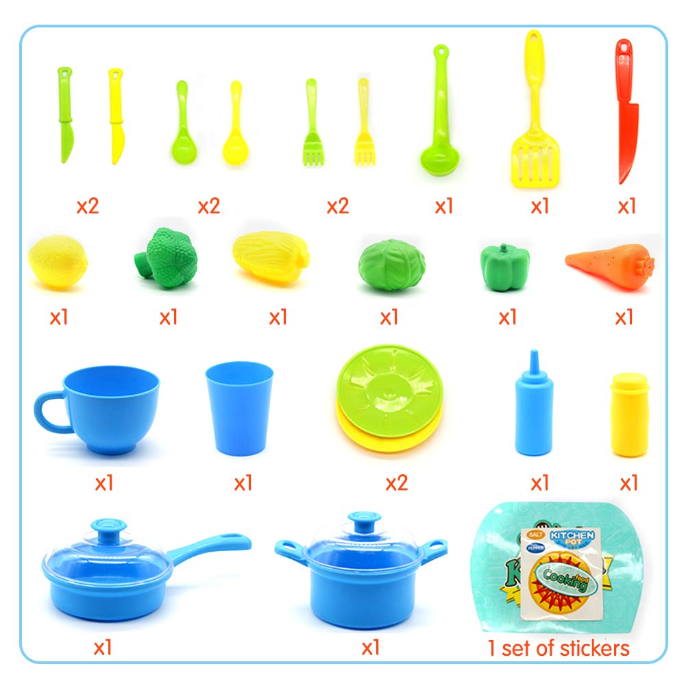 Nuheby Kids Kitchen Toys Cooking Set 34pcs Kitchen Accessories Role Play Toys Educational Toys for Boys Girls Gift Kids for 3 4 5 Year Old with Mini Carry Case 