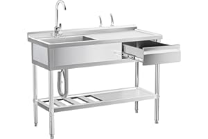 YACOO Stainless Steel Sink with Cold and Hot Water Pipes, Free Standing Single Bowl Commercial Kitchen Sink W/Workbench & Storage Shelf, Faucet For Laundry Room, Farmhouse, Indoor/Outdoor(47 inch)