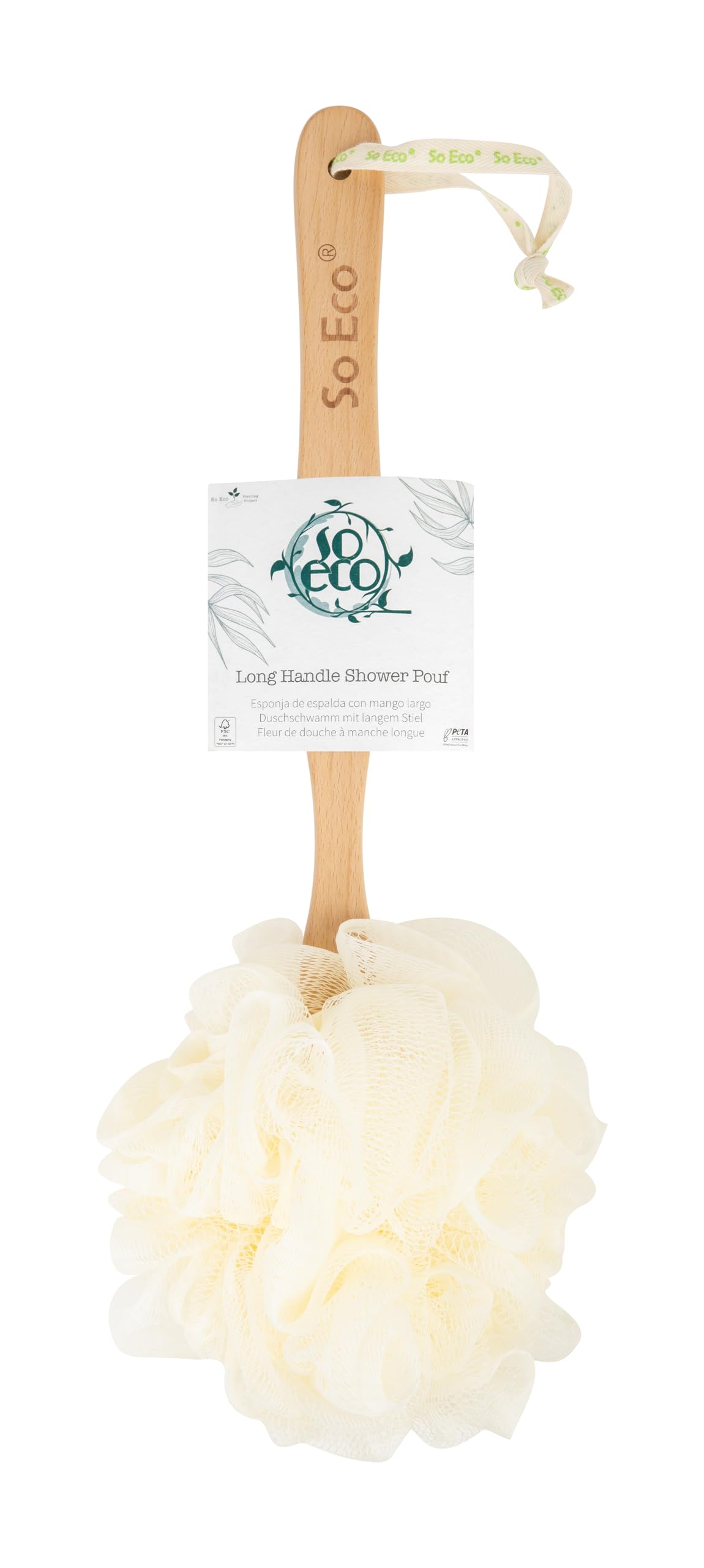 So Eco Long Handle Shower Pouf - Soft Loofah with Easy-Grip Handle for Hard-to-Reach Areas, Exfoliates & Creates a Rich Lather, Vegan & Cruelty-Free, Plastic-Free Packaging