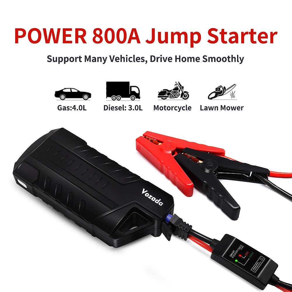 Vozada 800A Peak 18000mah Car Jump Starter 12V Auto Battery Booster (up to 4.0L Gas or 3.0L Diesel Engine), Portable Power Pack with LCD Screen, Built-in LED Light and Dual USB Charge