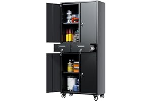 LOCENHU Garage Cabinet with Locking Doors,Tool Storage Cabinet with 4 Wheels and 2 Drawer and Adjustable Shelves- 71" H Rolling Storage Cabinet for Garage,Warehouse,Home,Office,School(Black)