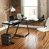 {US STOCK}Teekland Office Desk with Keyboard Tray，3-Pieces Corner Computer/Laptop Home Table(Black Tempered Glass，L-Shape） (Stalinite-Black)