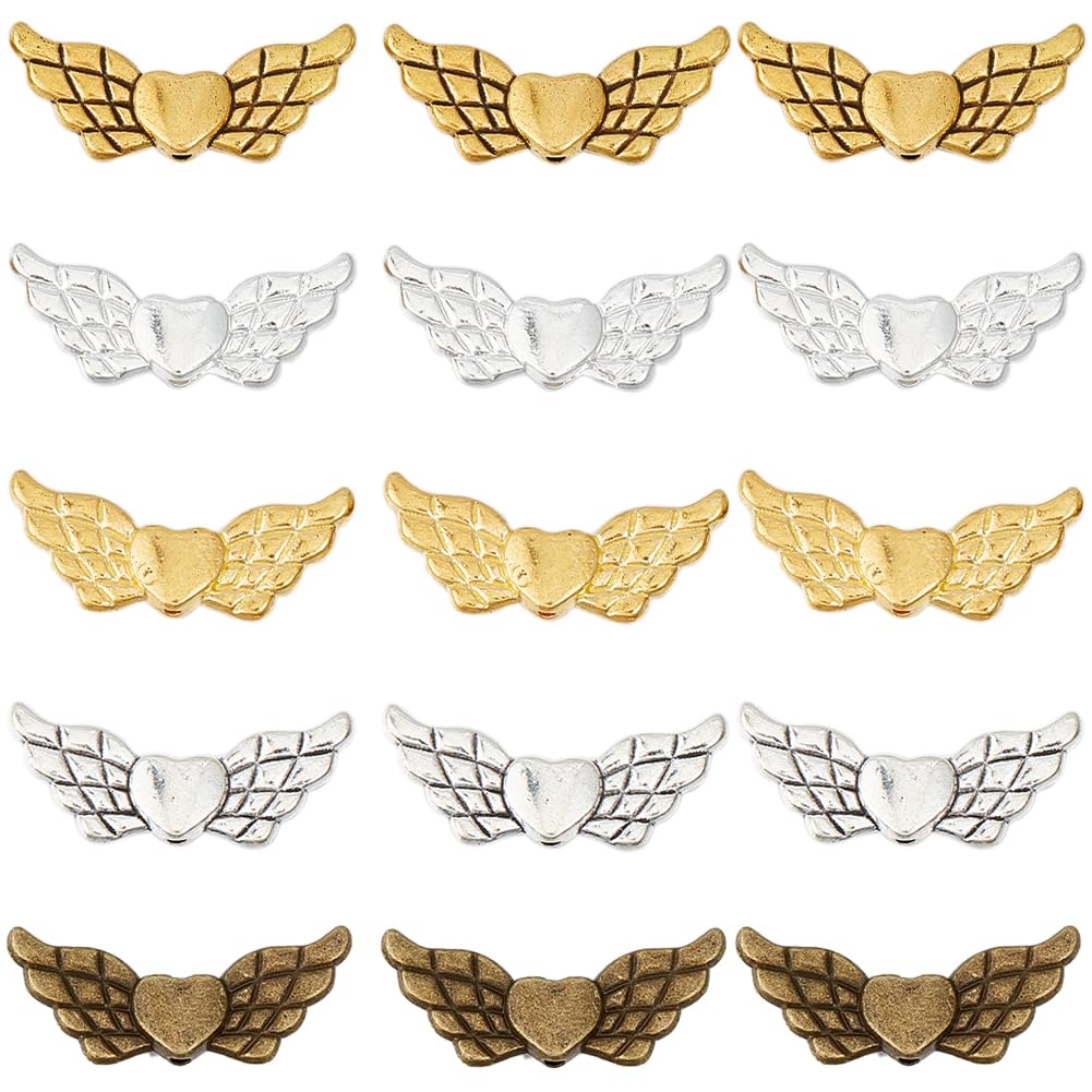SUNNYCLUE 150Pcs Angel Wing Beads Wings Spacer Beads Gold Silver Alloy Guardian Angels Tibetan Fairy Wings Heart Shape Bead for Diy Earring Necklace Bracelet jewellery Making Women Adult Crafting