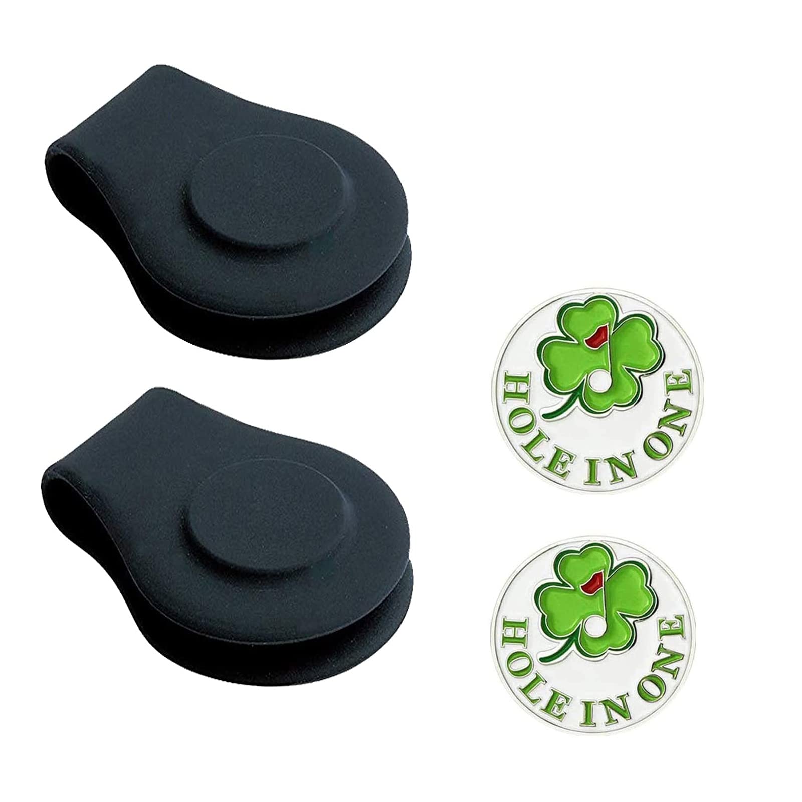 AMRTA Silicone Golf Hat Clip Holder 2 Pcs with 2 Ball Markers Magnetic for Putting Green, Personalised Golf Accessory Gifts for Golfer Men Women Ladies (BLACK + HOLE IN ONE)