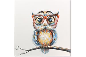 JAPO ART Mrs Owl Wall Art Funny Animal with Glasses Painting Colorful Animal Canvas Wall Art for Kids Children Bedroom Nursery Room Home Decoration Ready to Hang 24x24 Inch