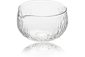 mocrcrel Handmade Japanese Style Matcha Green Tea Ceremony Bowl, Textured Glass, 13.5 oz, with Pouring Spout (Glass)
