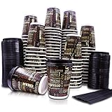 100 Pack | Premium 12 oz Disposable To Go Coffee Cups with Lids &amp; Stirrer Straws | Disposable Travel Mug with Insulated Double Wall Technology | “Coffee Lingo”