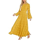 MITILLY Women's Elegant Floral Long Sleeve Round Neck Smocked A-Line Flowy Tiered Maxi Dress with Pockets