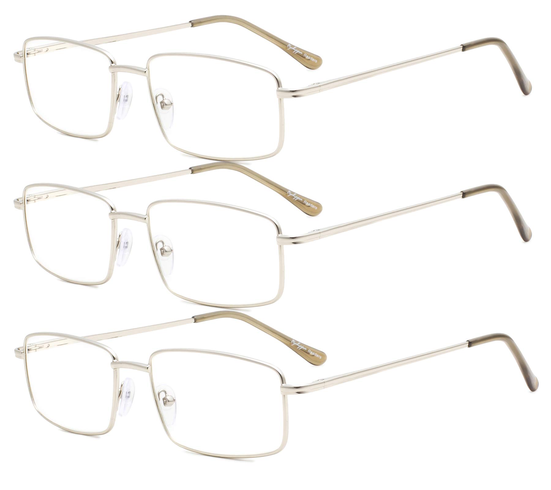 Eyekepper 3-Pack Readers Rectangular Spring Temple Large Metal Reading Glasses Men Silver