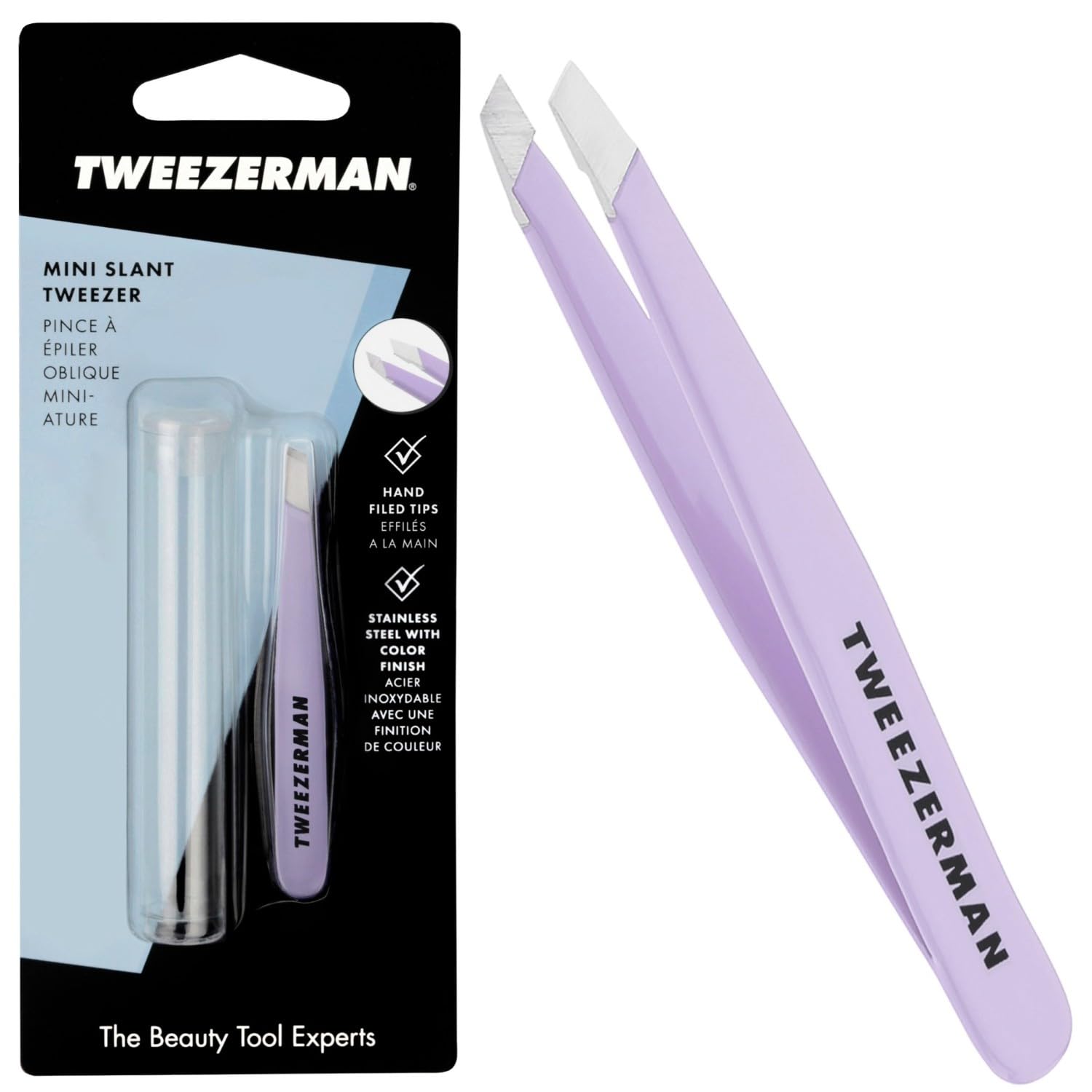 Tweezerman Lavendar Mini Slant Tweezer, Professional Stainless Steel Precision Tweezers for Facial Hair and Eyebrows, with Travel Case, Amazon Exclusive (Pack of 1)