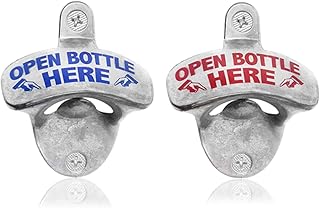 com-four® 2 Wandflaschenöffner aus Metall mit Aufdruck, Bieröffner mit Wandmontage, 8 x 6,5 cm (Open Bottle Here - 02 Stück)