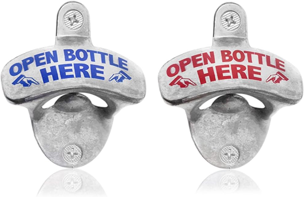 com-four® 2 Wandflaschenöffner aus Metall mit Aufdruck, Bieröffner mit Wandmontage, 8 x 6,5 cm (Open Bottle Here - 02 Stück)