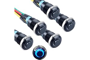 DMWD 5Pcs 12mm Latching Push Button Switch with 15cm Pre-soldered Cable 1NO 12V-24V ON-Off for 1/2" Mounting Hole Black Shell Halo Ring Blue LED
