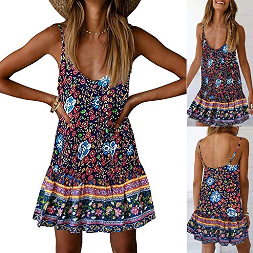 CCatyam Plus Size Dress for Women, Sleeveless V Neck Boho Print Backless Sexy Loose Mini Beach Fashion Blue