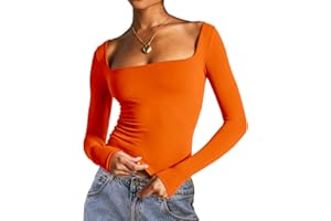 Dwnval Women's Sexy Long Sleeve Crop Top Square Neck Double Lined Basic Slim Fit T Shirt
