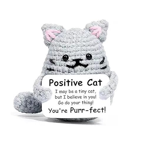 EXQUIMA Positive Crochet Animals, Crochet Cats with Encouragement Cards, Handmade Kittens Cows, Cartoon Yarn Dolls Finished with Cards