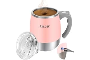 TXLOOK Self Stirring Mug, Rechargeable Automatic Magnetic Stirring Coffee Mug with Transparent Lid, Waterproof Stainless Steel Electric Mixing Cup, Can Stir Milk/Coffee/Cocoa Powder, Suitable for Office/Home