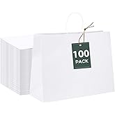 GSSUSA 16x6x12 100Pcs White Gift Bags with Handles,Paper Gift Bags?White Large Paper Bag with Handles, 100% Recyclable Shopping Kraft Paper Bags for Small Business, Party Favor