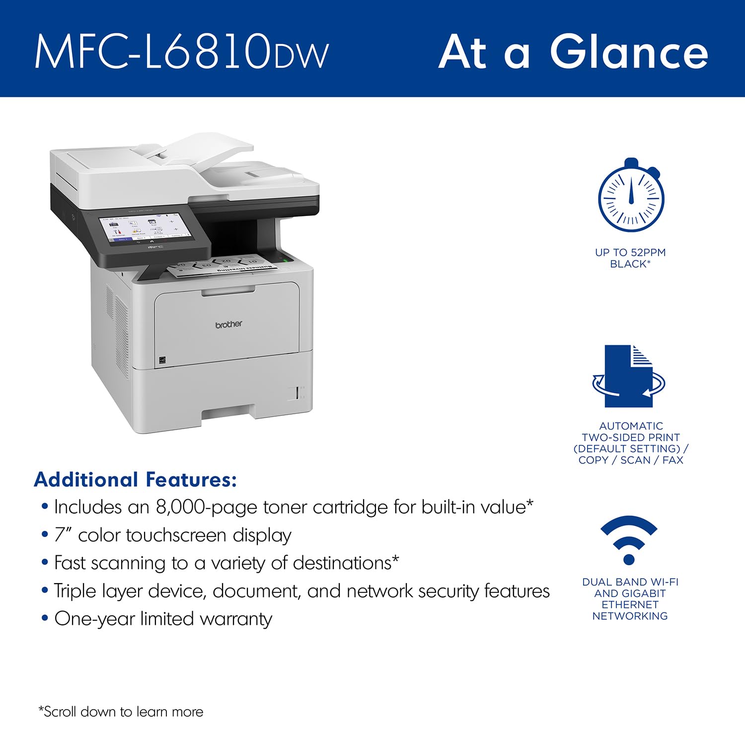 Brother MFC-L6810DW Enterprise Monochrome Laser All-in-One Printer, Large Paper Capacity, Wireless Networking, Advanced Security Features, and Duplex Print, Scan, and Copy, Works with Alexa