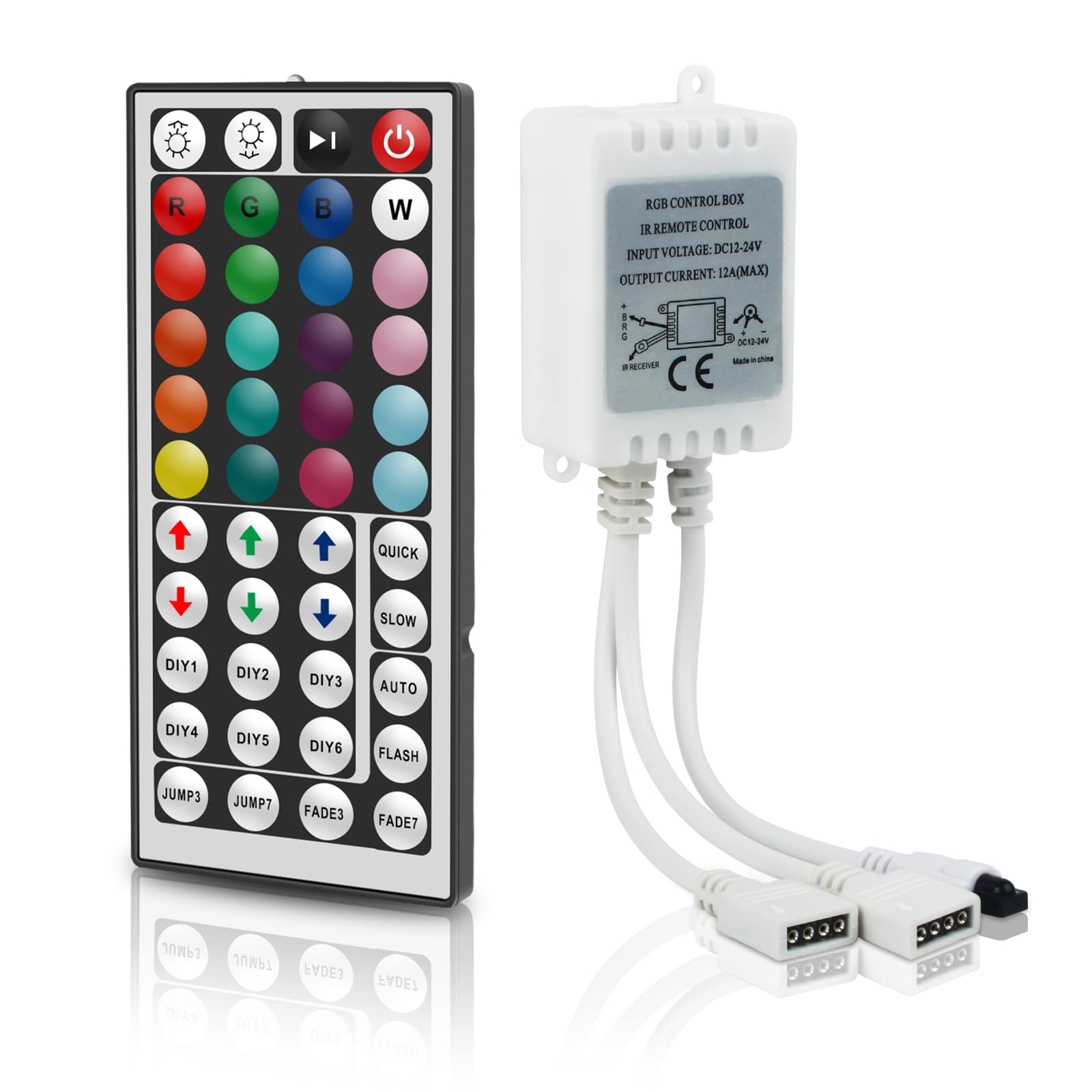 Aroidful 44 Keys IR LED Remote Controller with Receiver, DC 12V-24V 4 Pin 2 Ports RGB Control Box for RGB 3528 5050 2835 LED Strip Light - Dual Outputs