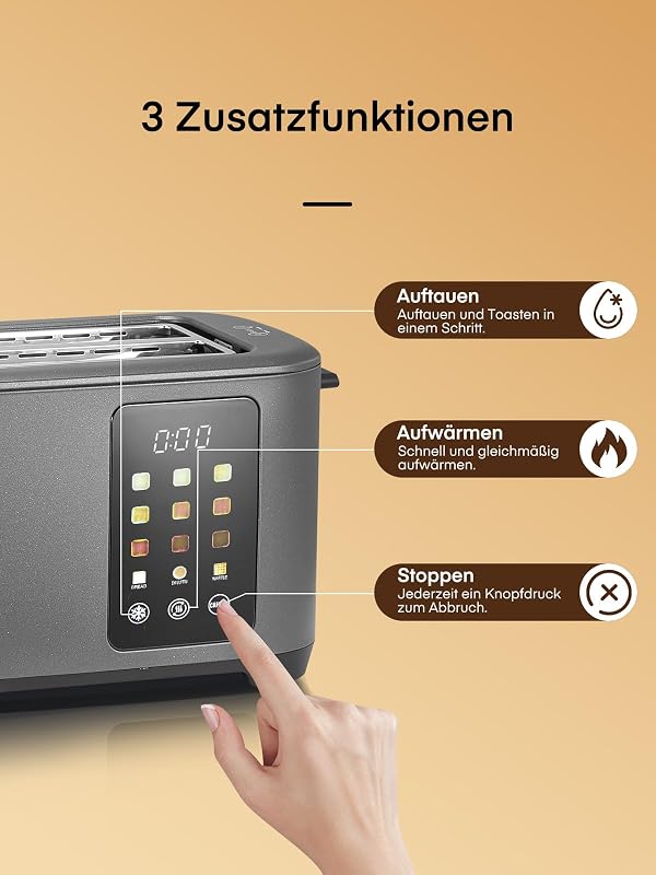 Toaster 4 Scheiben, 1400W Edelstahl Langschlitz Toaster, 9 Farbeinstellungen und 3 Brotsorten, Abbruch/Auftau/Aufwärmfunktion,Touchscreen Bedienung, mit Brötchenaufsatz, Grau — Foto 5 von 8