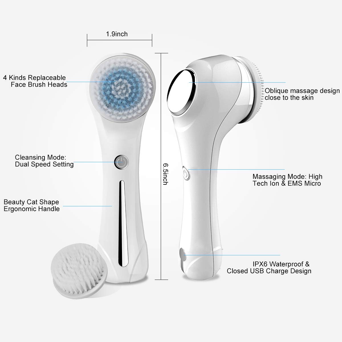 Facial Cleansing Brush, EMS & Ion Technology Dual Functional Pro Face Massage, Waterproof Face Spin Brush with 6 Brush Heads for Deep Cleansing, Gentle Exfoliating, Removing Blackhead: Beauty
