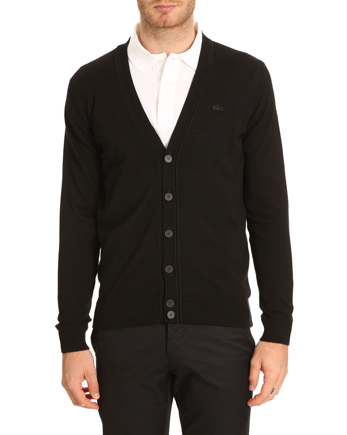 LACOSTE Cardigans Men AH2996 Lambswool Black Cardigan with Tone