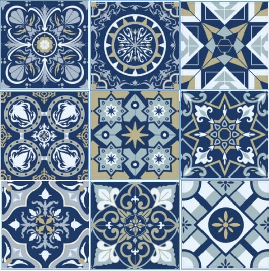 Self Adhesive Wall Tile Stickers-18 PCS Moroccan Mosaic Style Kitchen Wall Art transfers DIY-Traditional Vintage Design-Bathroom backsplash kitchen splashbacks Peel and Stick on Tiles (New mixed blue)
