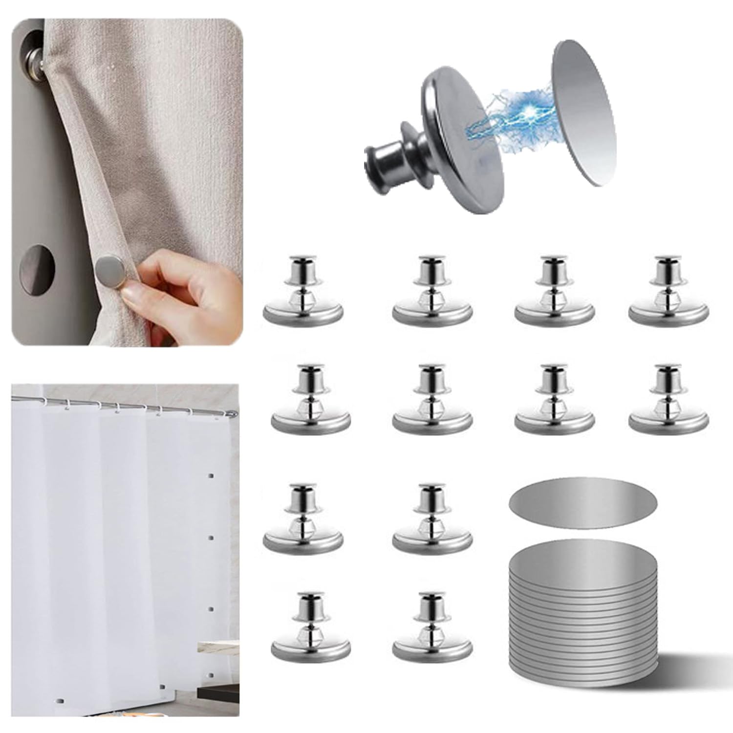 Photo 1 of 10 Pcs Magnetic Curtain Clips, Curtain Magnets Closure Prevent Light Leaking, Shower Curtain Side Magnets to Keep Shower Liner Closed and Tight to The Wall with 10 Pcs Self-Adhesive Patch