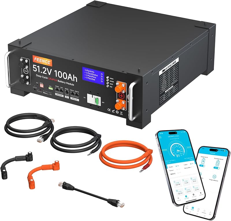 48V 100Ah Lithium LiFePO4 Solarbatterie, unterstützt Kommunikation mit Wechselrichter, integriertes 100 A BMS, max. 5120 W Ausgangsleistung, über 6000 Zyklen, ideal für Off-Grid-Systeme,
