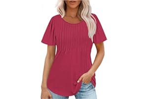 Cbcbtwo Womens Summer Tops Casual Dressy Short Sleeve Pleated T Shirts Scooped Neck Loose Fit Tunic Tops Fasion Comfy Blouse