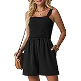 Lepunuo Womens Rompers for Summer Casual Smocked Jumpers Overalls Square Neck Jumpsuits with Pockets Beach Vacation