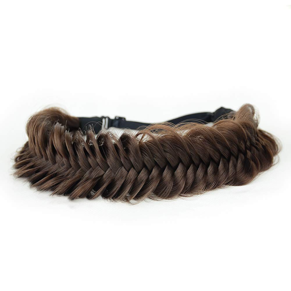 BOBIYA Wide Fishtail Synthetic Hair Braided Headband Classic Chunky Plaited Braids Elastic Stretch Hairpiece Women Girl (Chocolate)