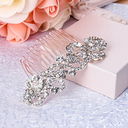 BriLove Wedding Hair Accessories Bridal Hair Comb Bohemian Crystal Charming Wave Shape Flower Bride Side Comb for Women Silver-Tone Clear - Thumbnail 2
