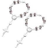 MUQIDA 2 PCS Car Rosary for Rearview Mirror, Personalized Cross Blessing Rosary Beads Hanging Ornament, Auto Rear View Mirror Medal Cross Religious Charm Pendant for Women Men (Coffee)