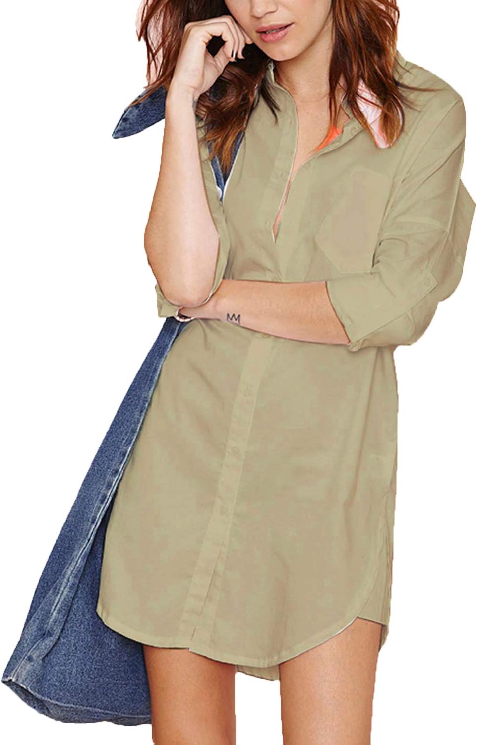 HAOYIHUI Women's Casual Long Sleeve Boyfriend Pocket Shirt Dress Tunic Top