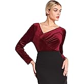 Hobemty Women's Slim Fitted Party Top Asymmetrical Ruched Neck Long Sleeve Velvet Blouse