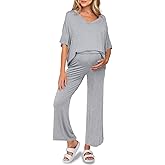 Tankaneo Womens Maternity Pajamas 2 Piece Lounge Set Soft Short Sleeve V Neck T-shirt Cropped Pants Pregnancy Loungewear