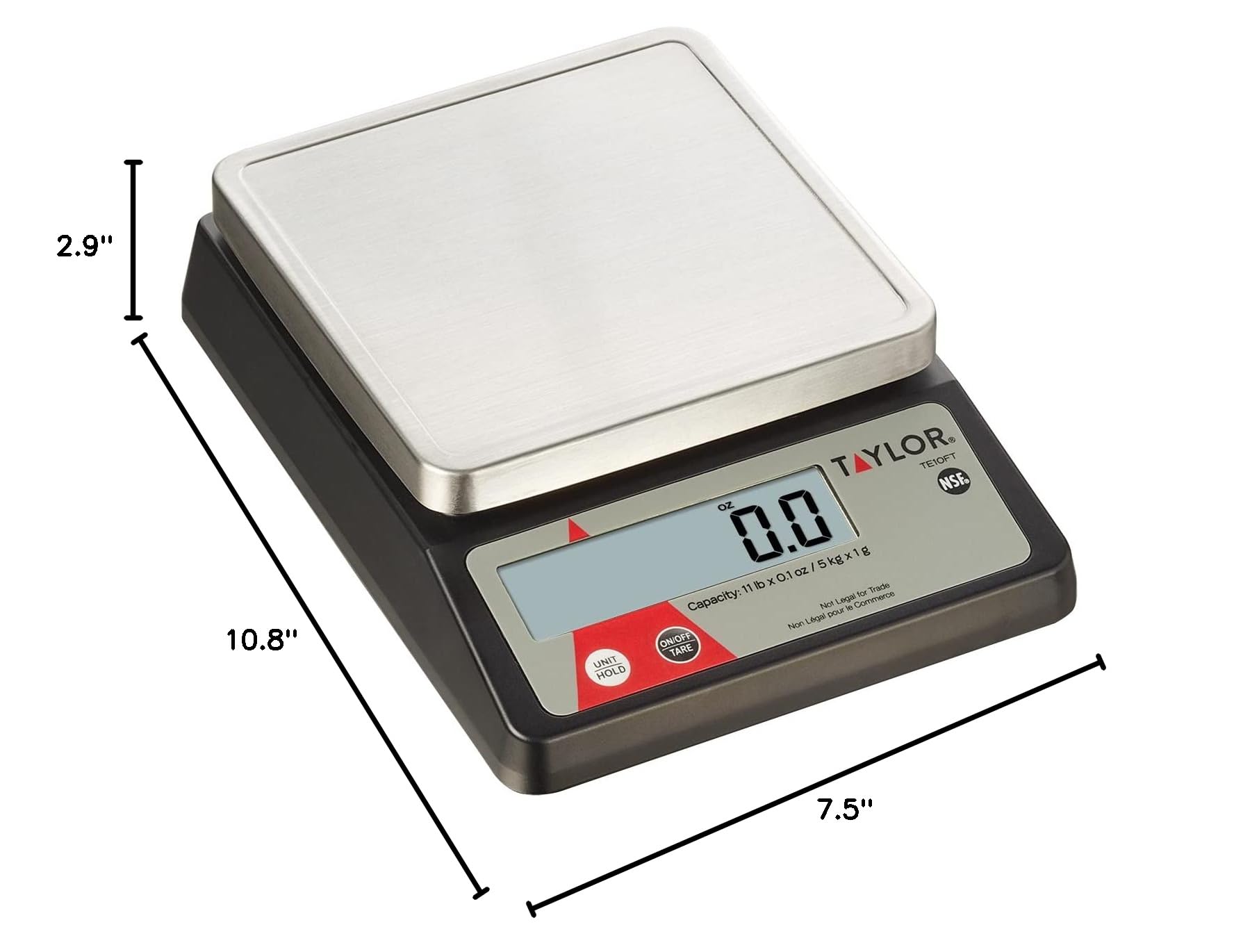 Taylor TE10FT 11-Pound Commercial Digital Portion Control Scale, 11 lb (5 kg) in 0.1 oz (1 g) Food and Cooking Scale, Tare and Hold Function, NSF, Stainless Steel Platform