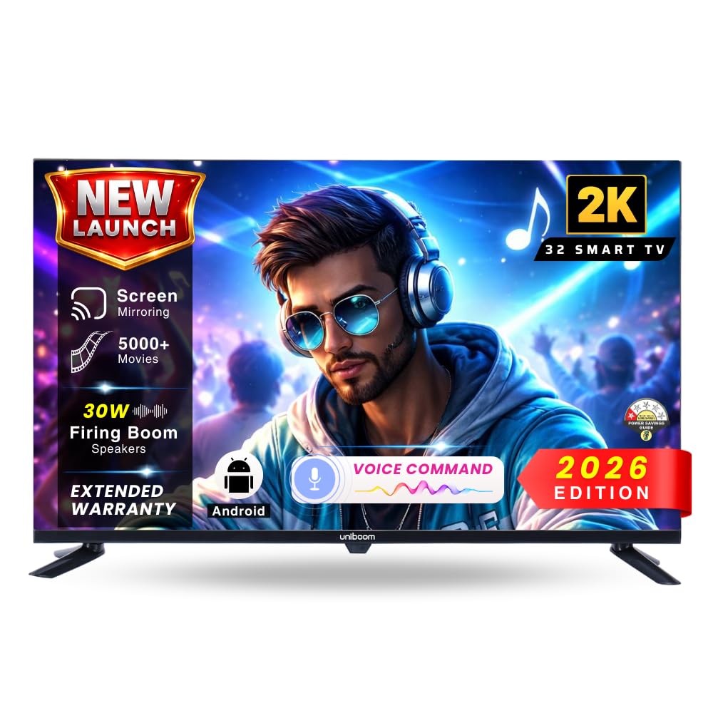 Uniboom_Optima Series 80 cm (32 inch) HD Smart LED TV |Android TV with Voice Command App |5000+ Free Movies |30W Sonic Boom Speakers| 500+ Certified Apps |Mobile Remote |Mobile Screen Cast-32S-ULT-AED