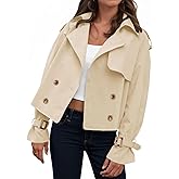 Tankaneo Womens Cropped Trench Coat Oversized Double Breasted Lapel Long Sleeve Short Jacket Fashion Outerwear