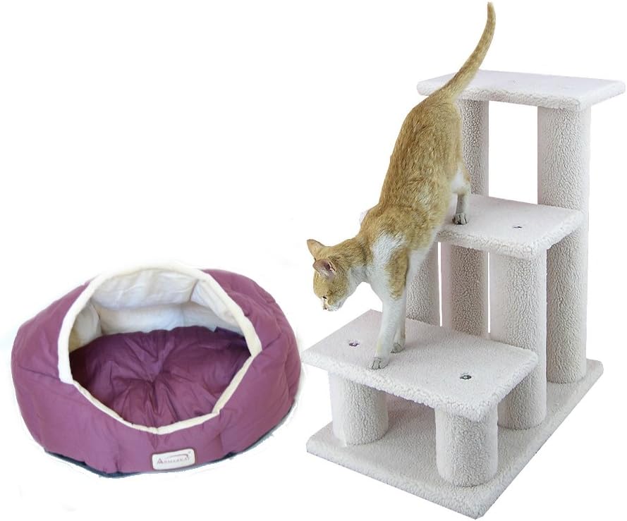 Armarkat Combo, Armarkat Pet Steps Stairs Ramp for Cats and Dogs with Armarkat Burrow Pet Cat Beds for Cats and Small Dogs, Burgundy & Beige