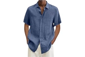 GENERIC Men's Cotton Linen Shirt Casual Button Down Shirts Lightweight Short Sleeve Shirts Summer Dress Shirts Blouse