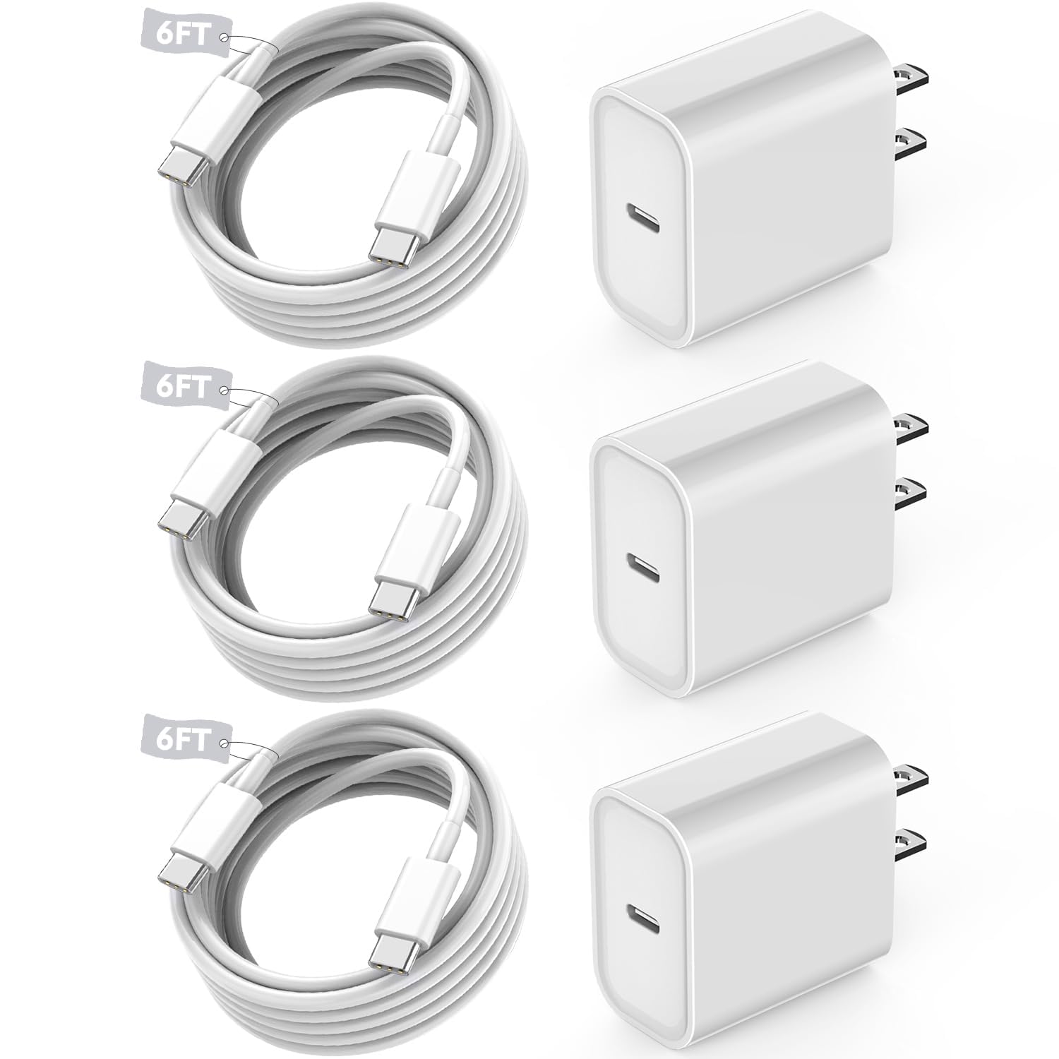 Fast USB C Charger Block,3Pack Long 6FT USBC to USBC Cable iPad Cord 20W iPhone 17 Pro Max Charger Travel Plug Fast Charging for iPhone 17/17 Air/17 Pro/16/16e/16 Pro/16Plus/15/15Pro/Pro Max/Plus,iPad